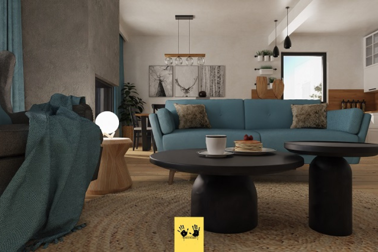 Nowoczesny salon z niebieską sofą i elementami w stylu boho – Aranżacja wnętrz